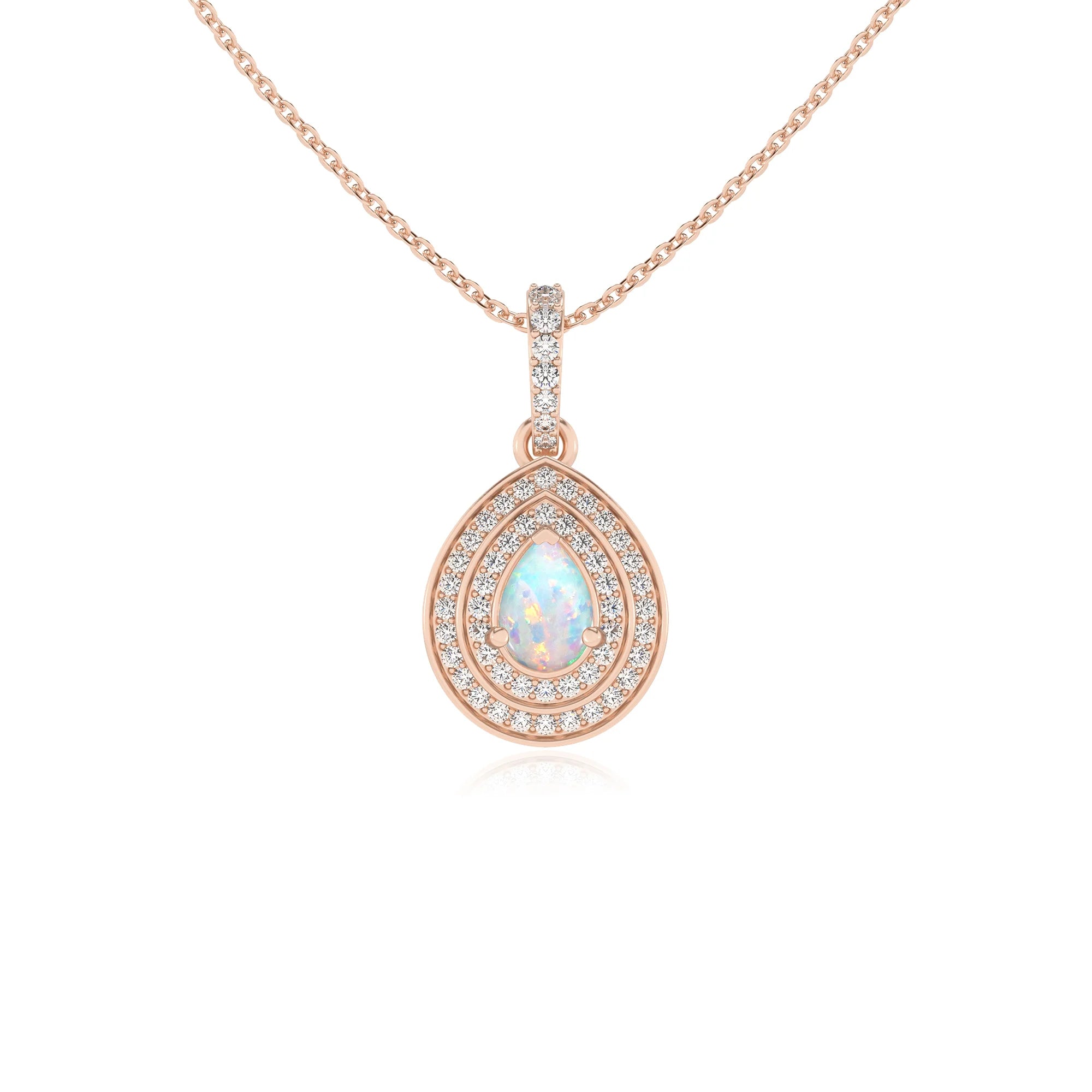 lab grown opal pear halo necklaces in rose gold
