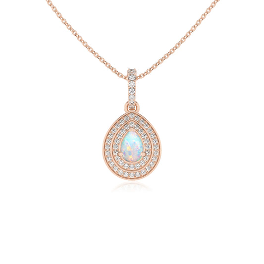 lab grown opal pear halo necklaces in rose gold