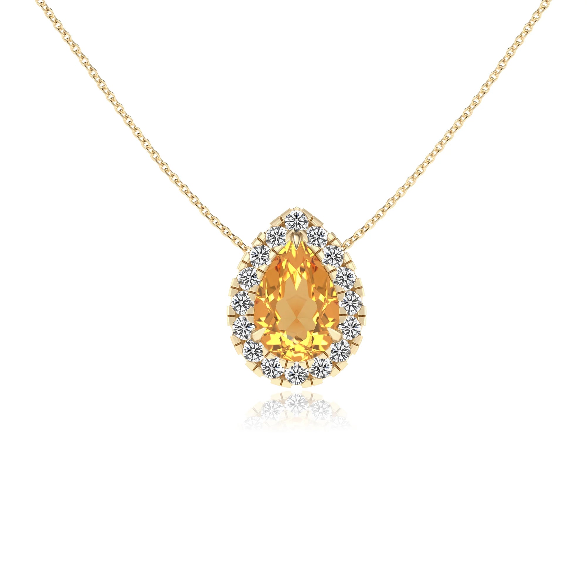lab grown citrine pear solitaire necklaces in yellow gold