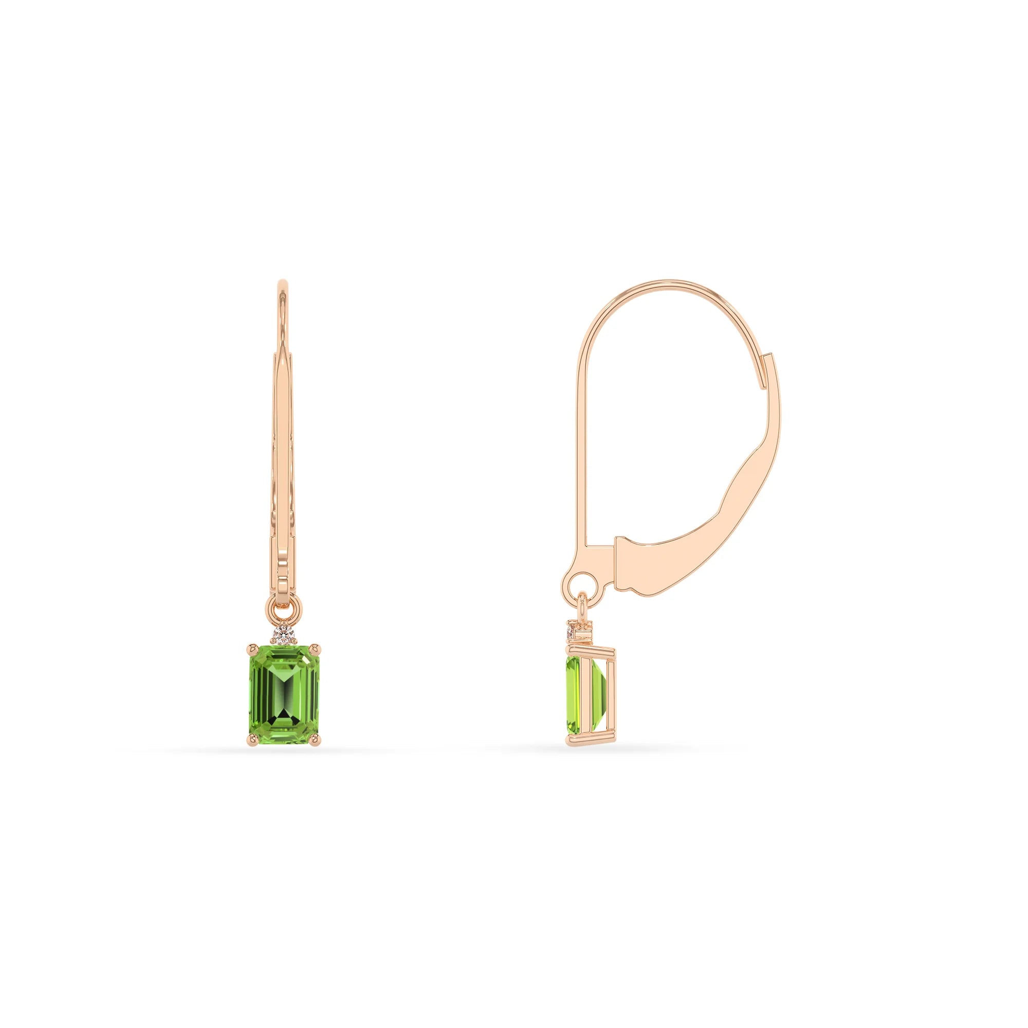 natural peridot emerald cut drop earrings in rose gold