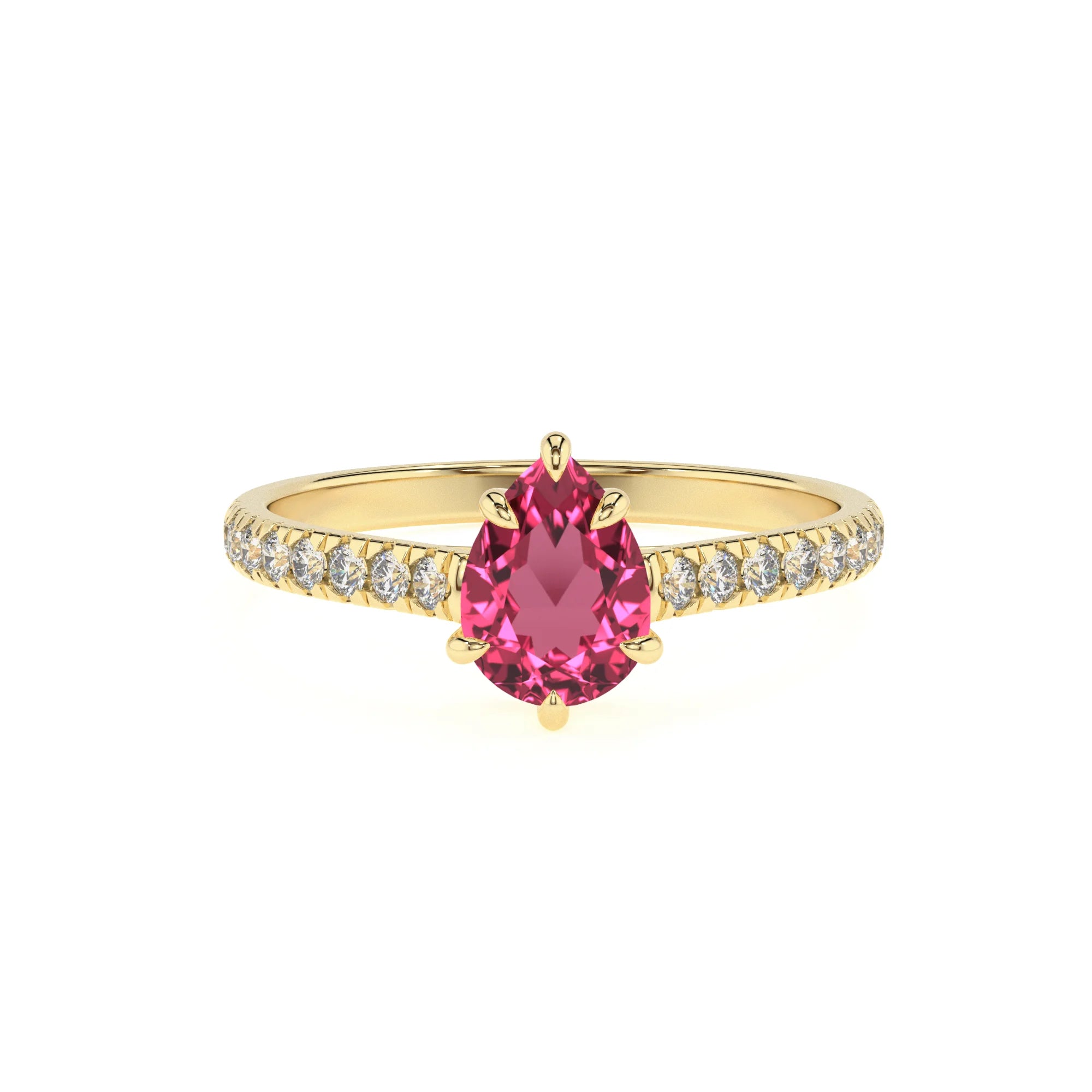 lab grown pink-tourmaline pear half eternity solitaire engagement rings in yellow gold
