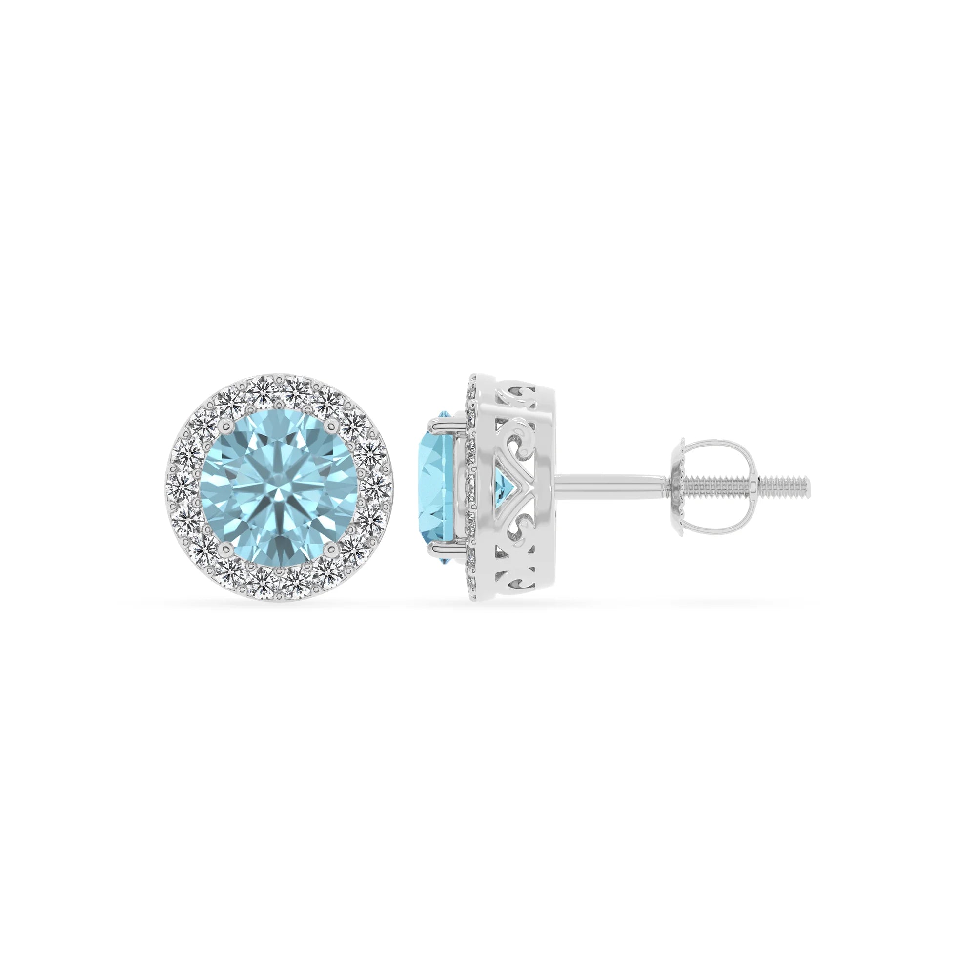 lab grown aquamarine round stud earrings in white gold