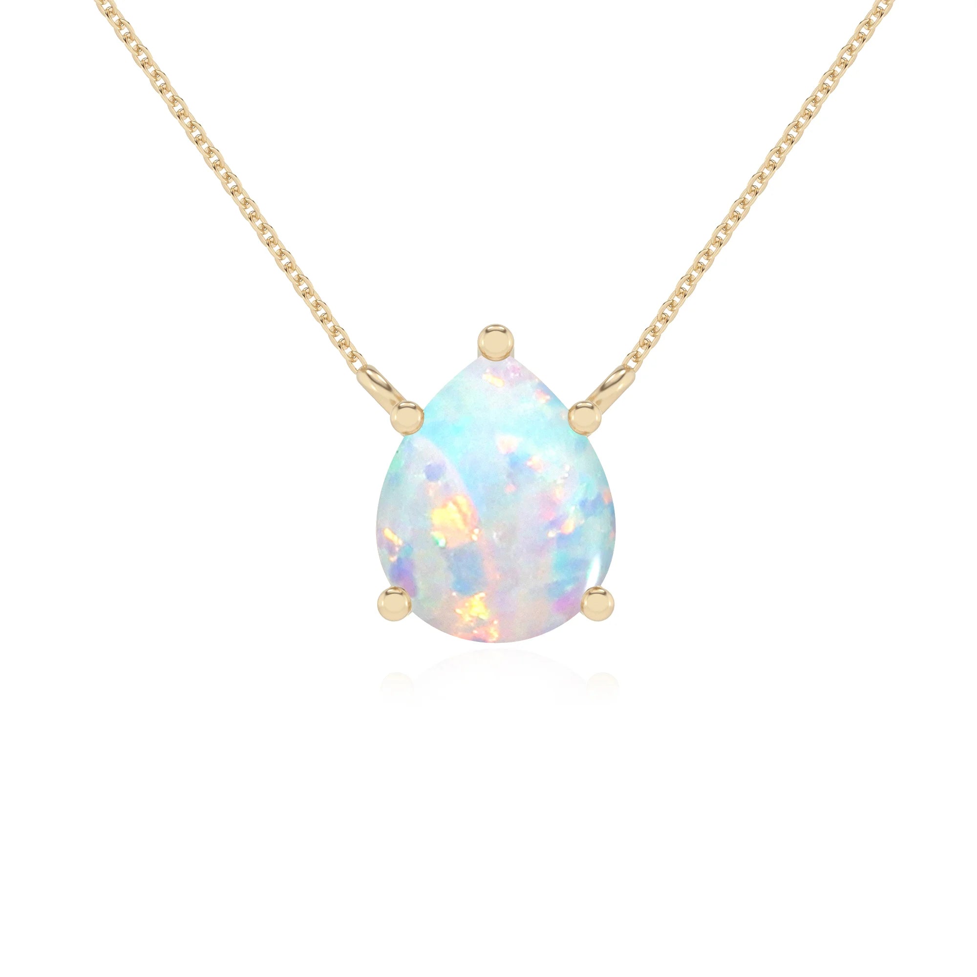lab grown opal pear solitaire necklaces in yellow gold