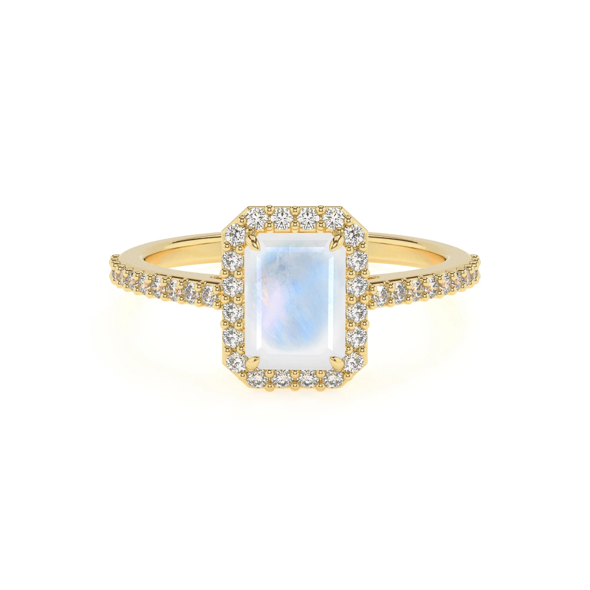 natural rainbow-moonstone emerald cut solitaire rings in yellow gold