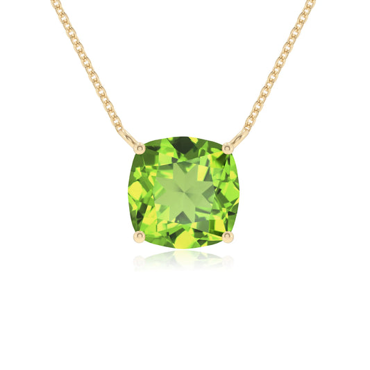 natural peridot cushion solitaire necklaces in yellow gold