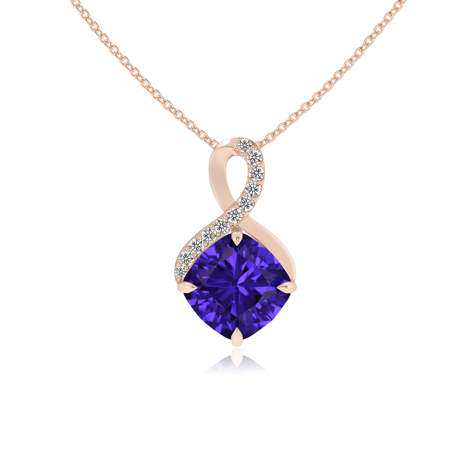 lab grown tanzanite cushion infinity necklaces in rose gold