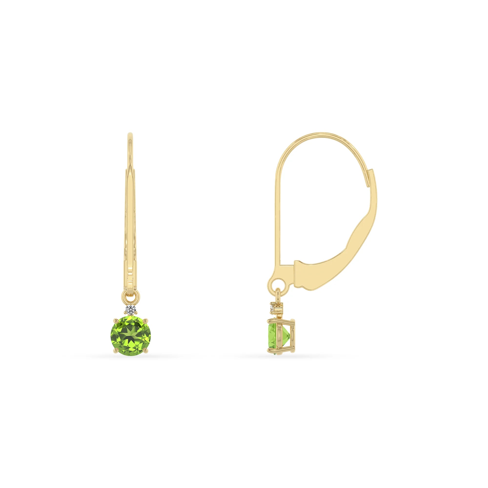 natural peridot round drop earrings in yellow gold
