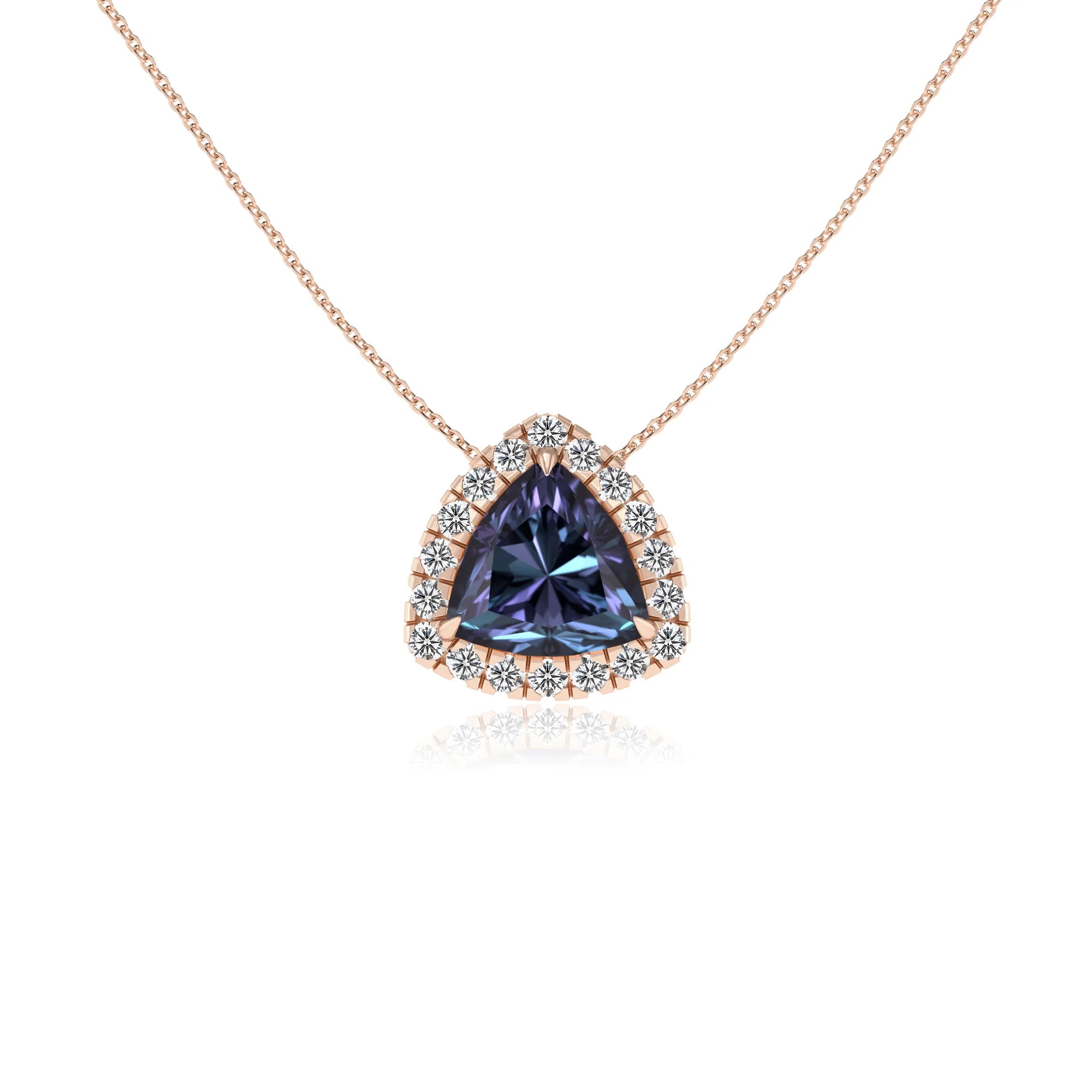 lab grown alexandrite trillion solitaire necklaces in rose gold
