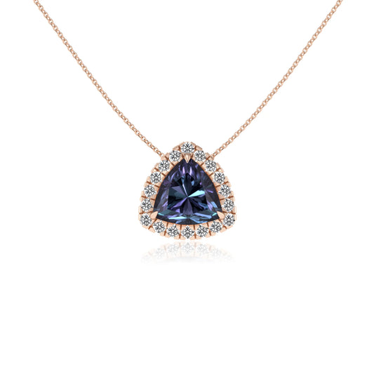 lab grown alexandrite trillion solitaire necklaces in rose gold