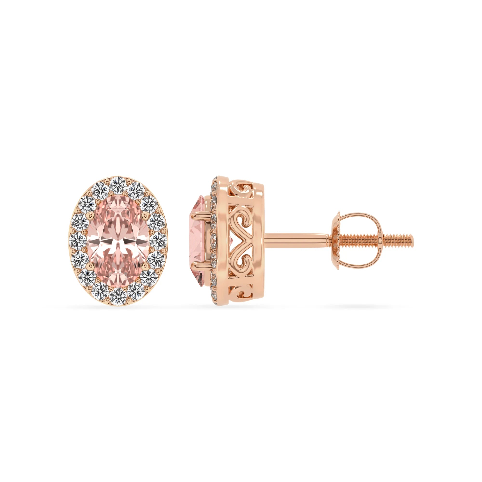 lab grown morganite oval stud earrings in rose gold
