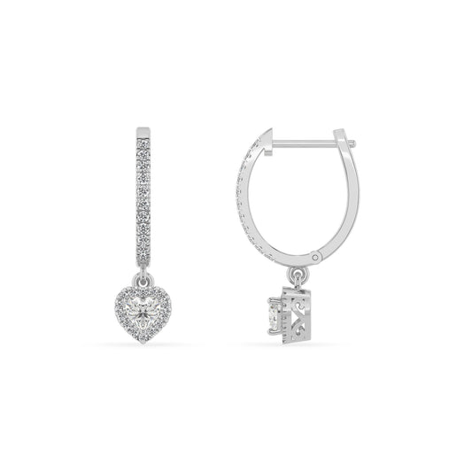 lab grown moissanite heart drop earrings in white gold