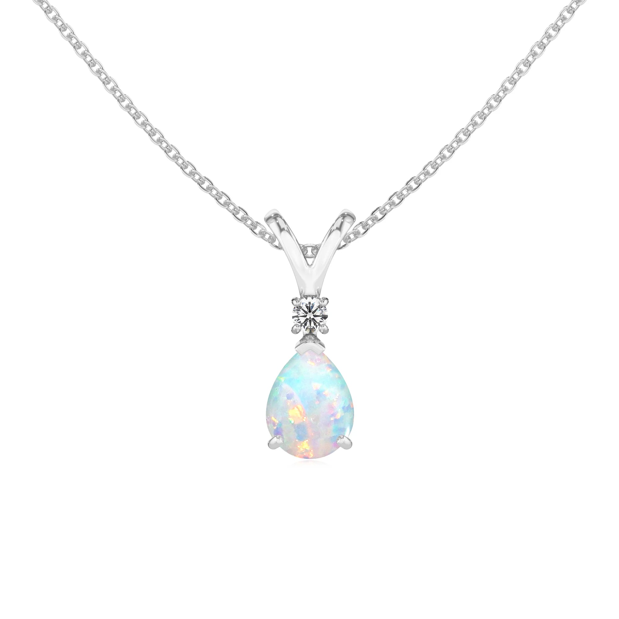lab grown opal pear solitaire v-bale necklaces in sterling silver