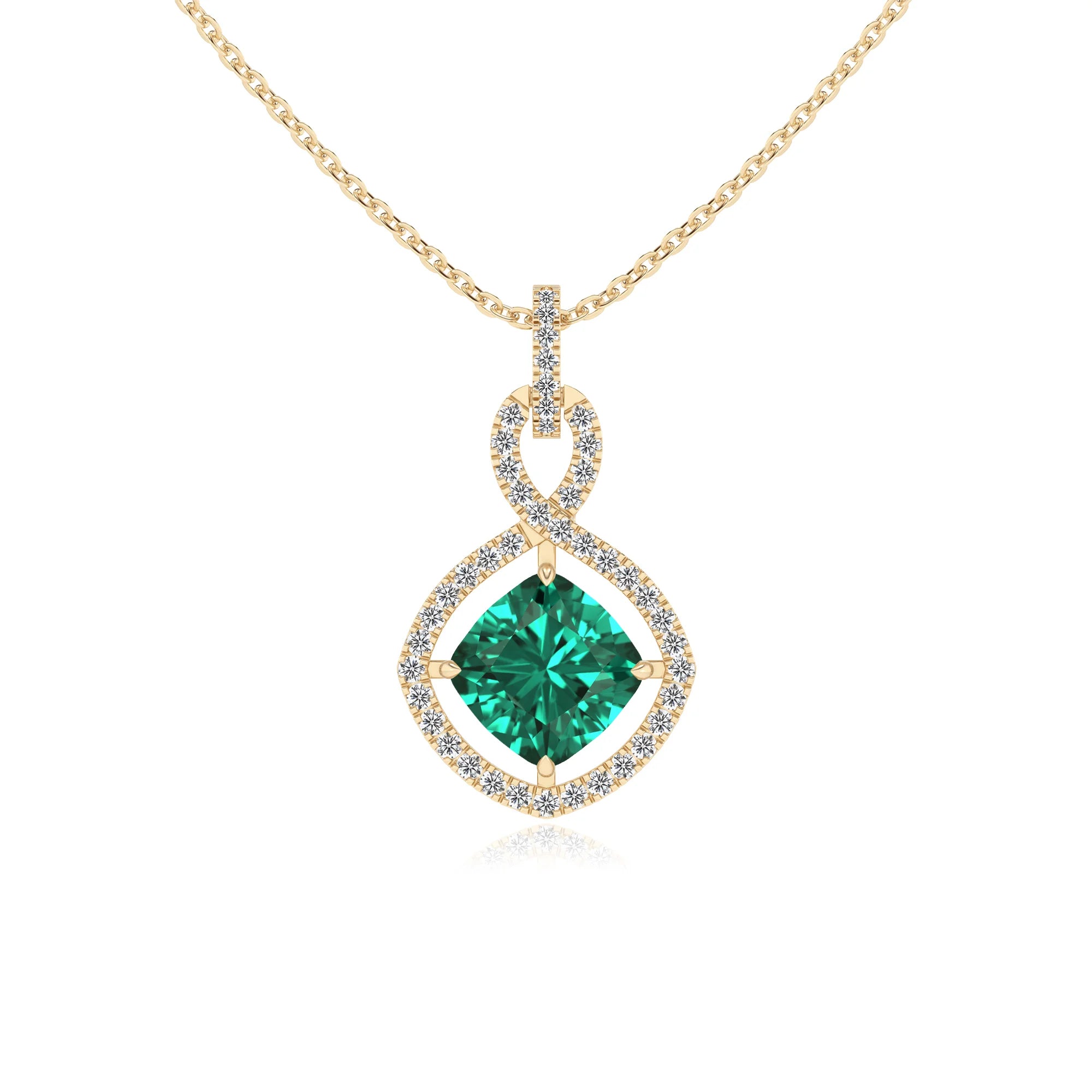 lab grown emerald cushion infinity necklaces in yellow gold