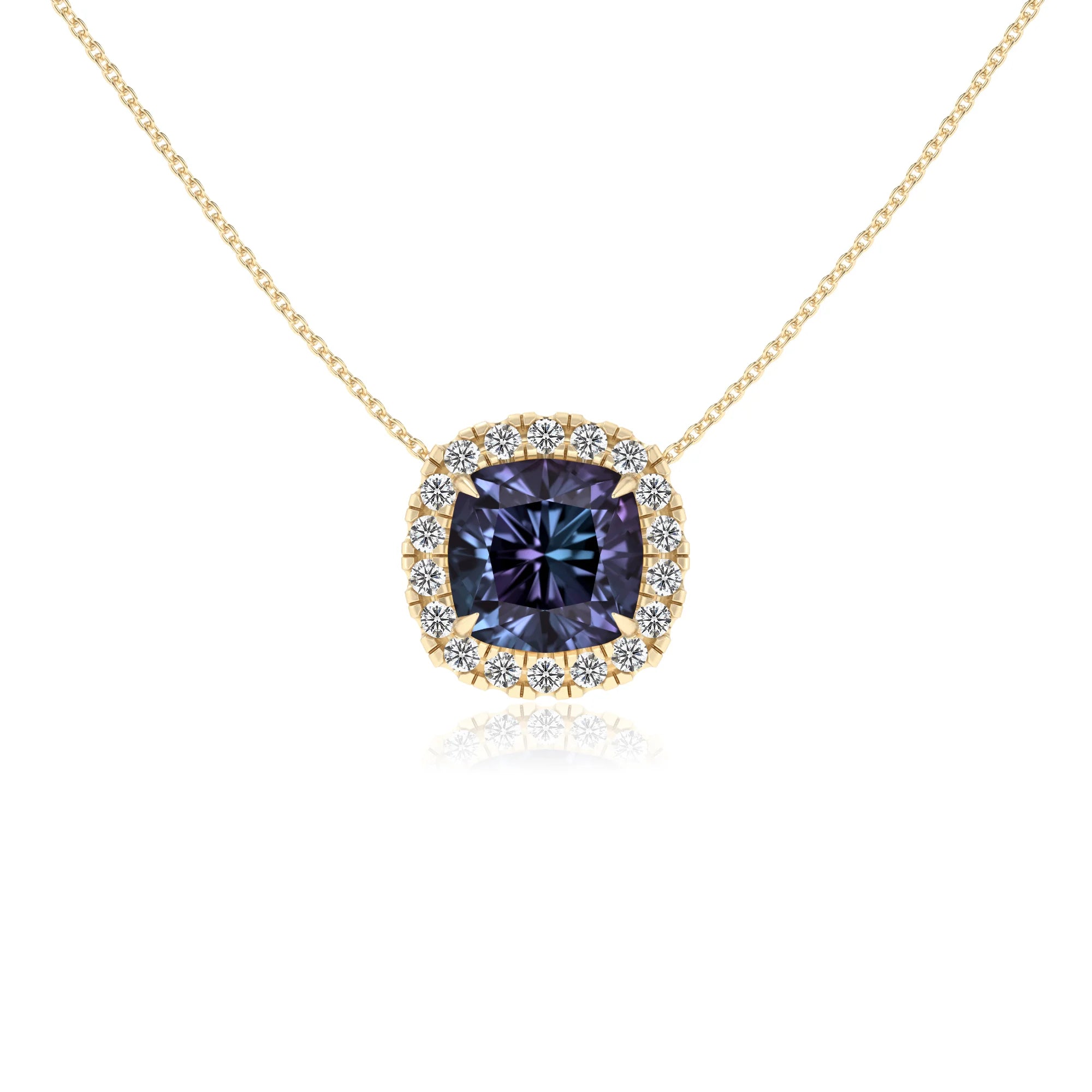 lab grown alexandrite cushion solitaire necklaces in yellow gold