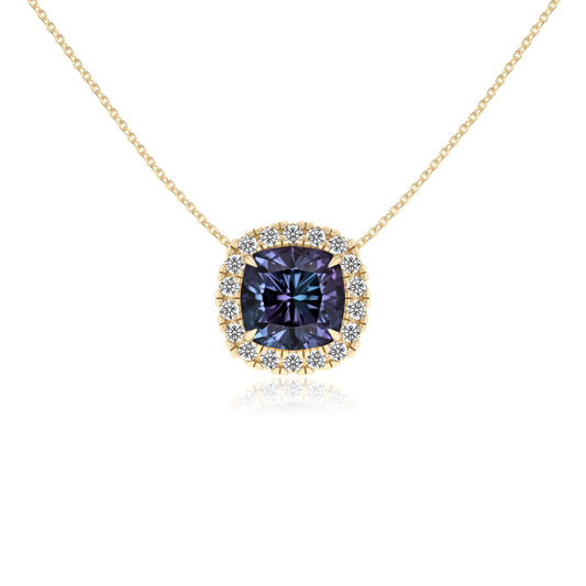 lab grown alexandrite cushion solitaire necklaces in yellow gold