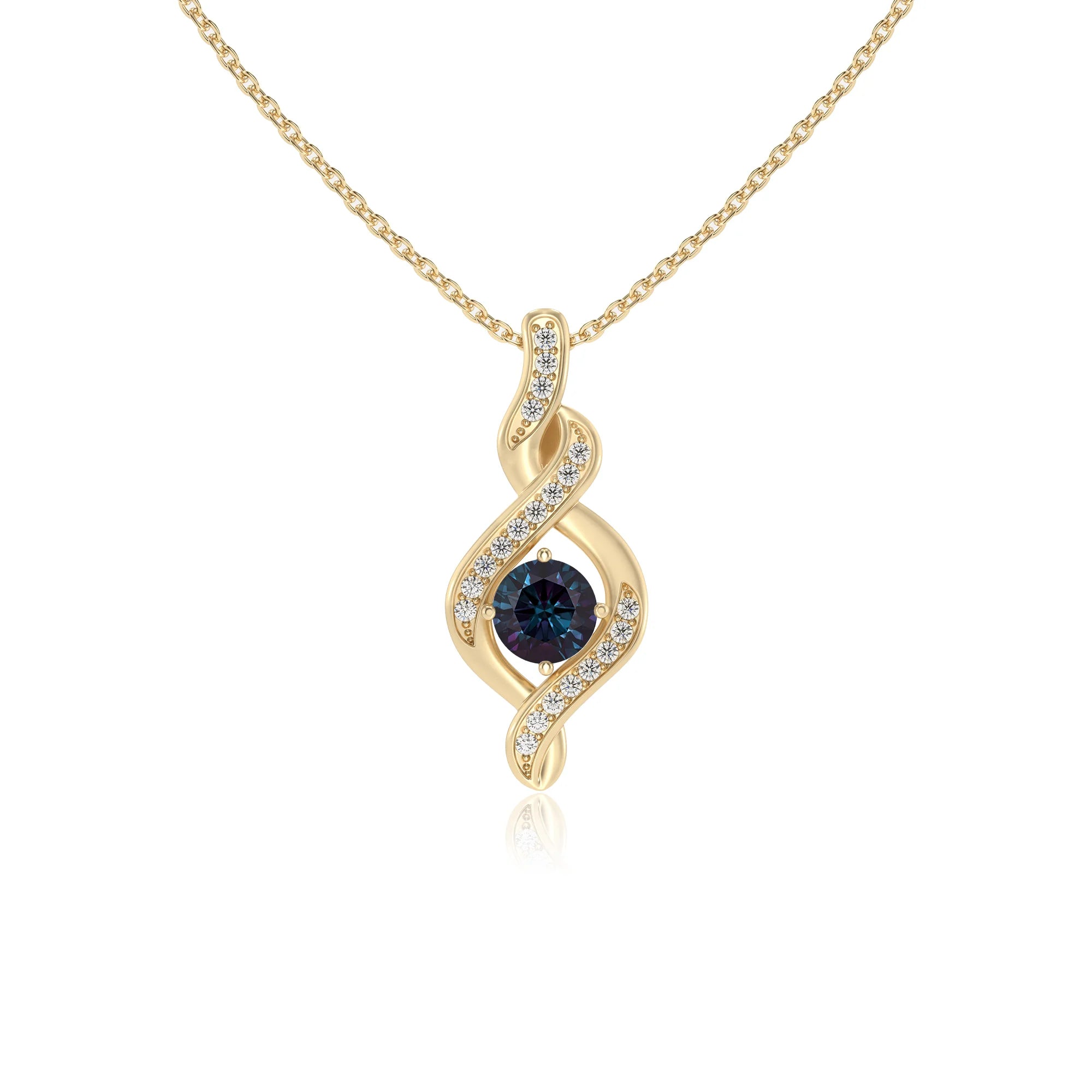 lab grown alexandrite round solitaire necklaces in yellow gold