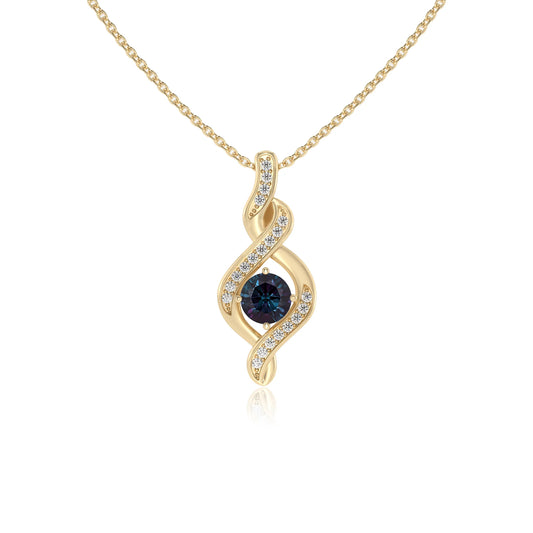 lab grown alexandrite round solitaire necklaces in yellow gold