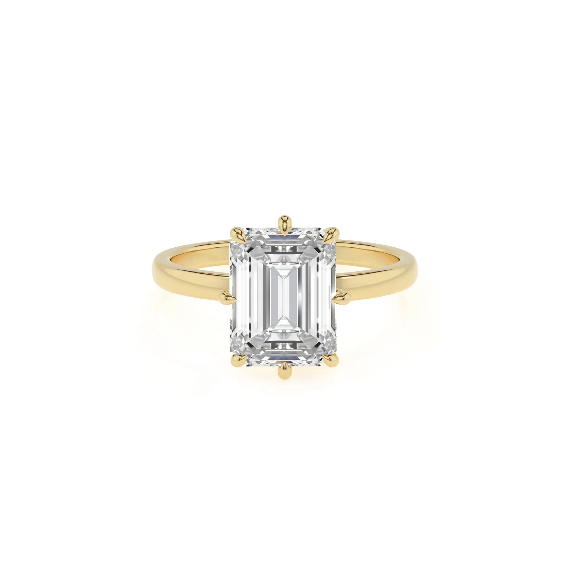 lab grown moissanite emerald cut solitaire rings in yellow gold