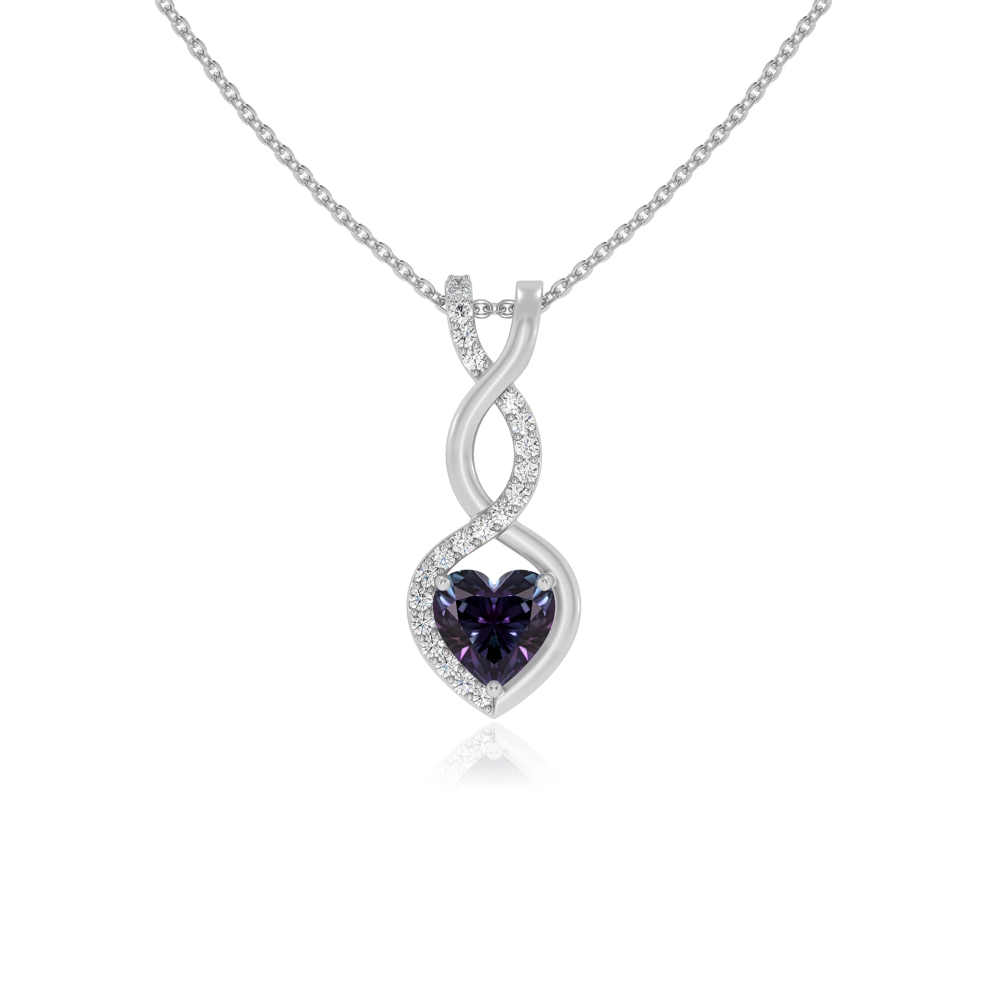 lab grown alexandrite heart infinity necklaces in platinum