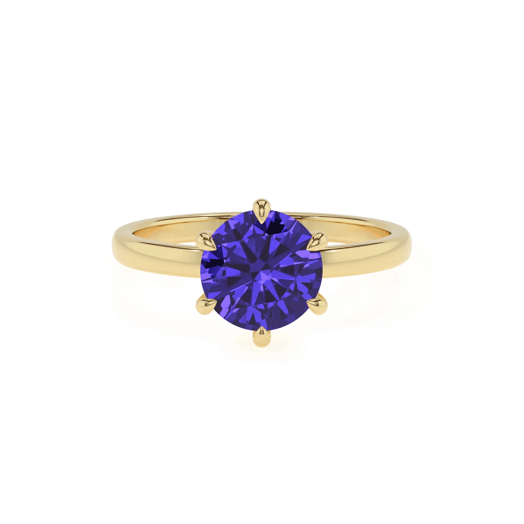lab grown tanzanite round solitaire rings in yellow gold
