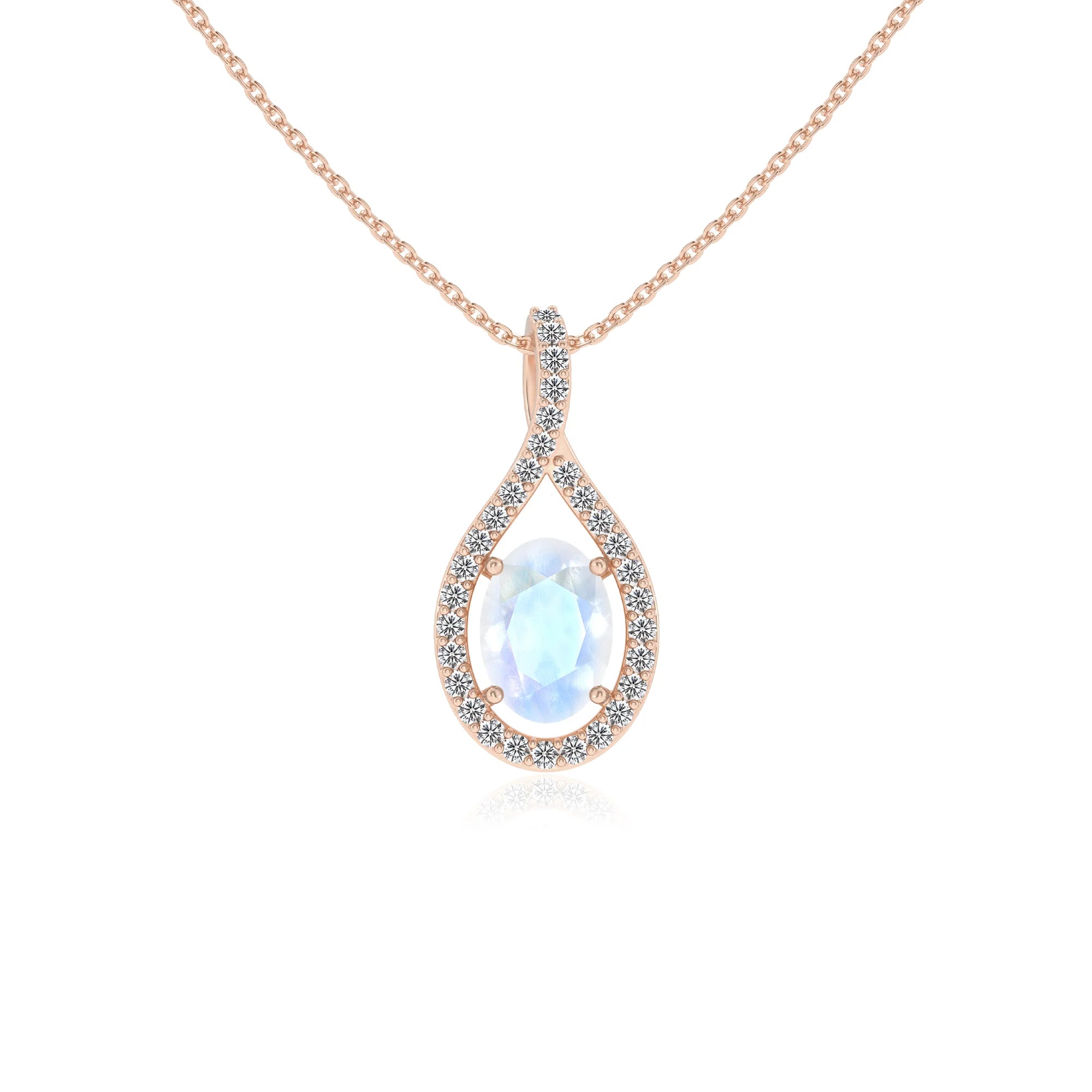 natural rainbow-moonstone oval solitaire necklaces in rose gold
