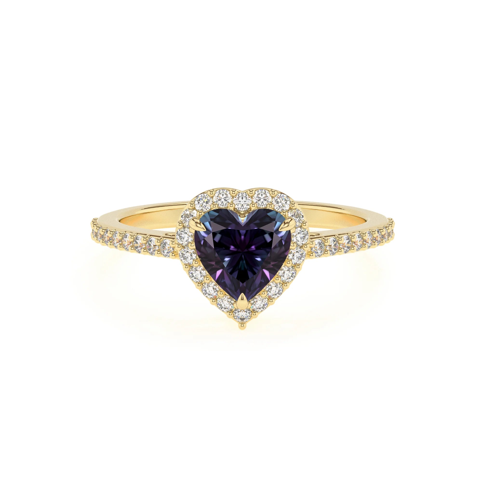 lab grown alexandrite heart solitaire rings in yellow gold