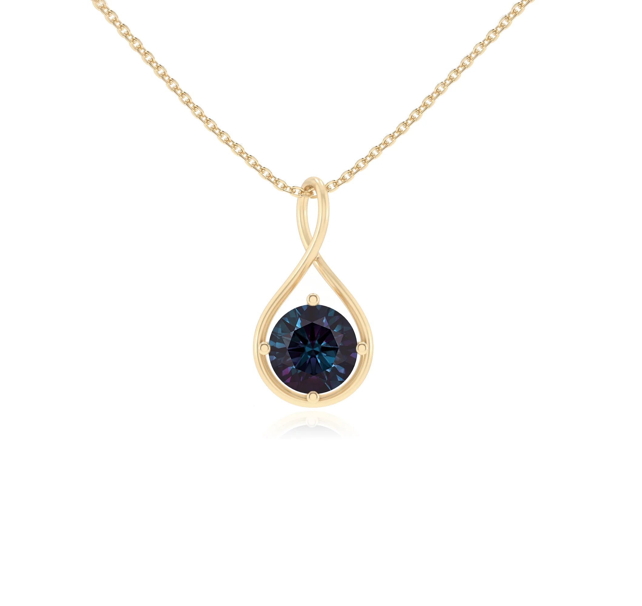 lab grown alexandrite round solitaire necklaces in yellow gold