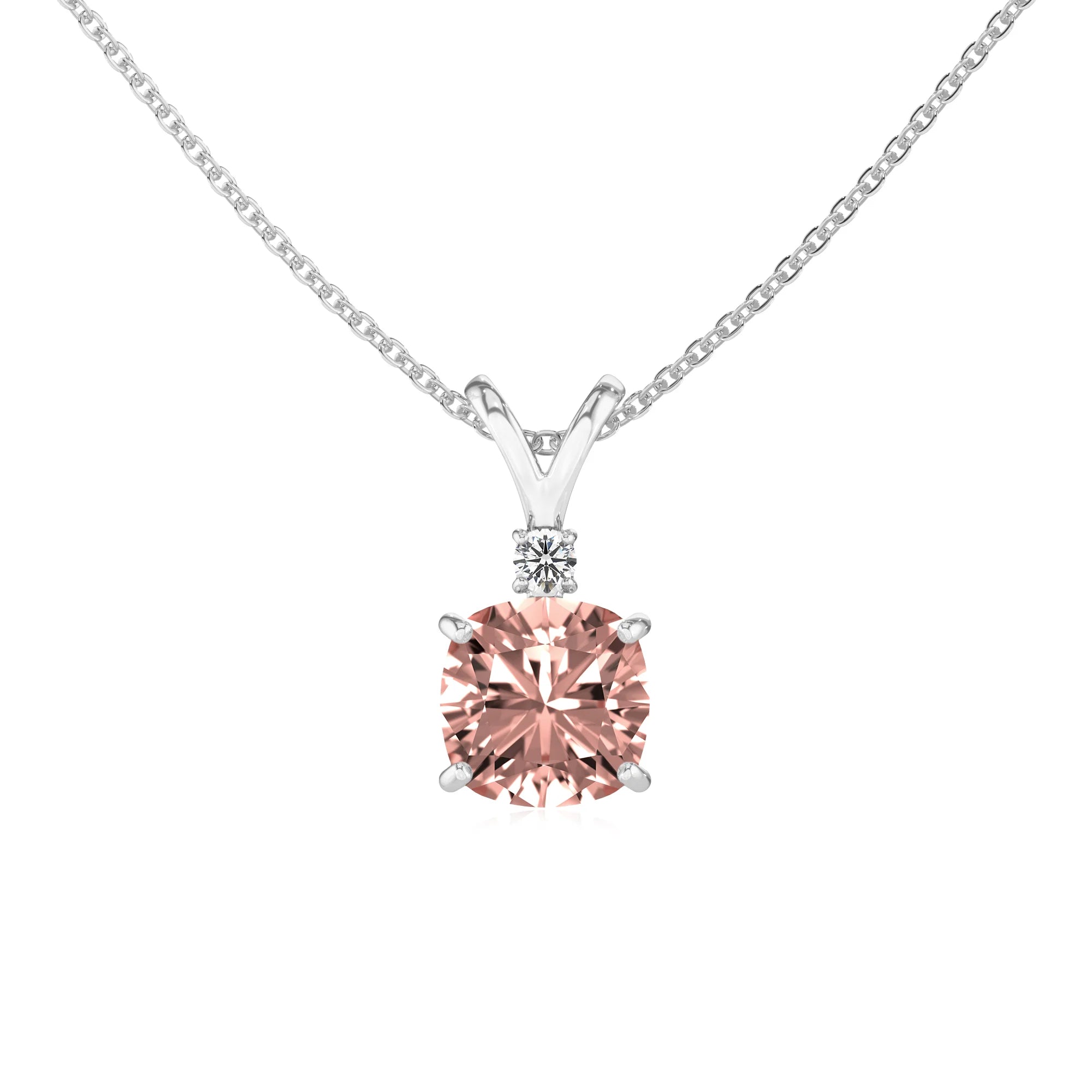 lab grown morganite cushion solitaire v-bale necklaces in sterling silver