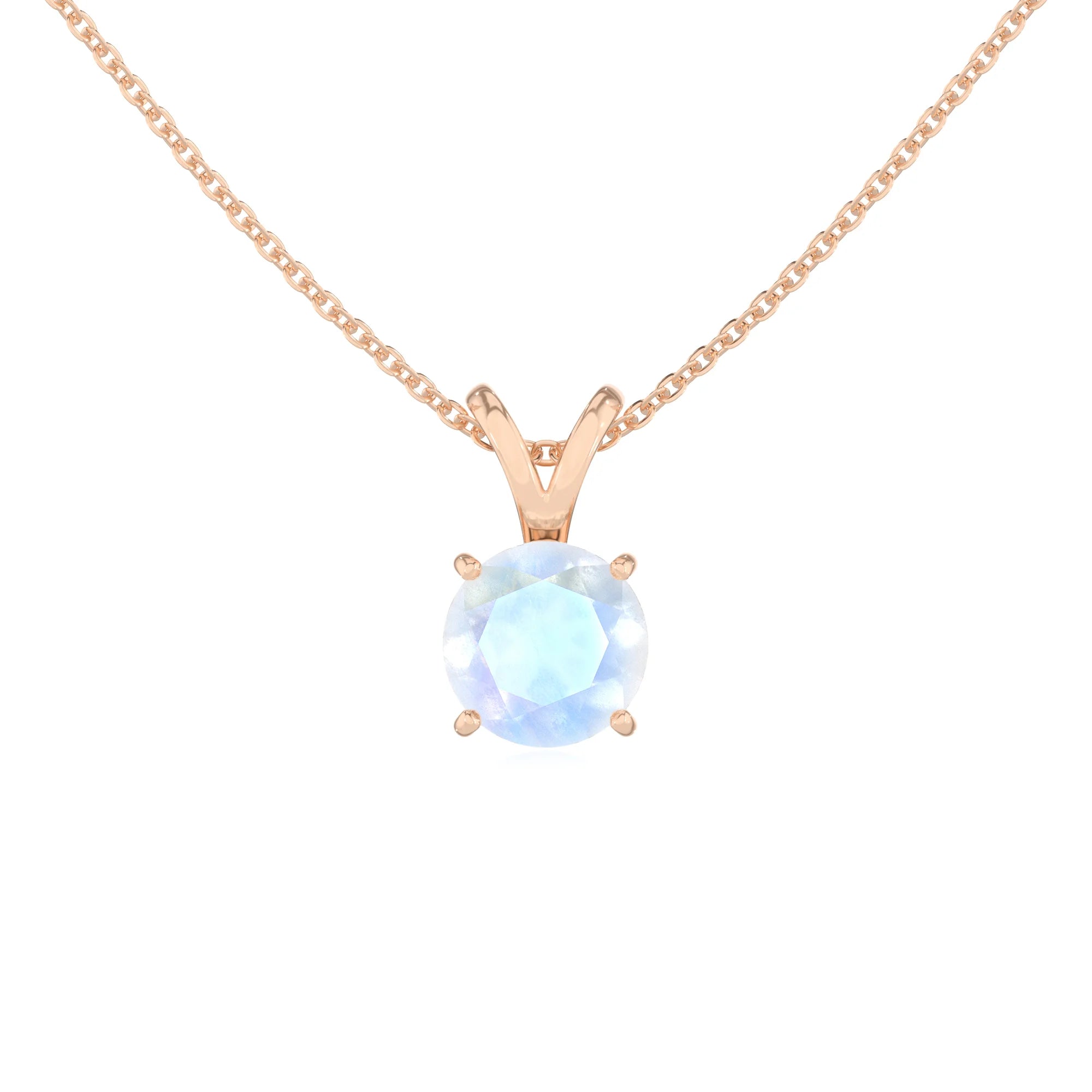 natural rainbow-moonstone round solitaire v-bale necklaces in rose gold