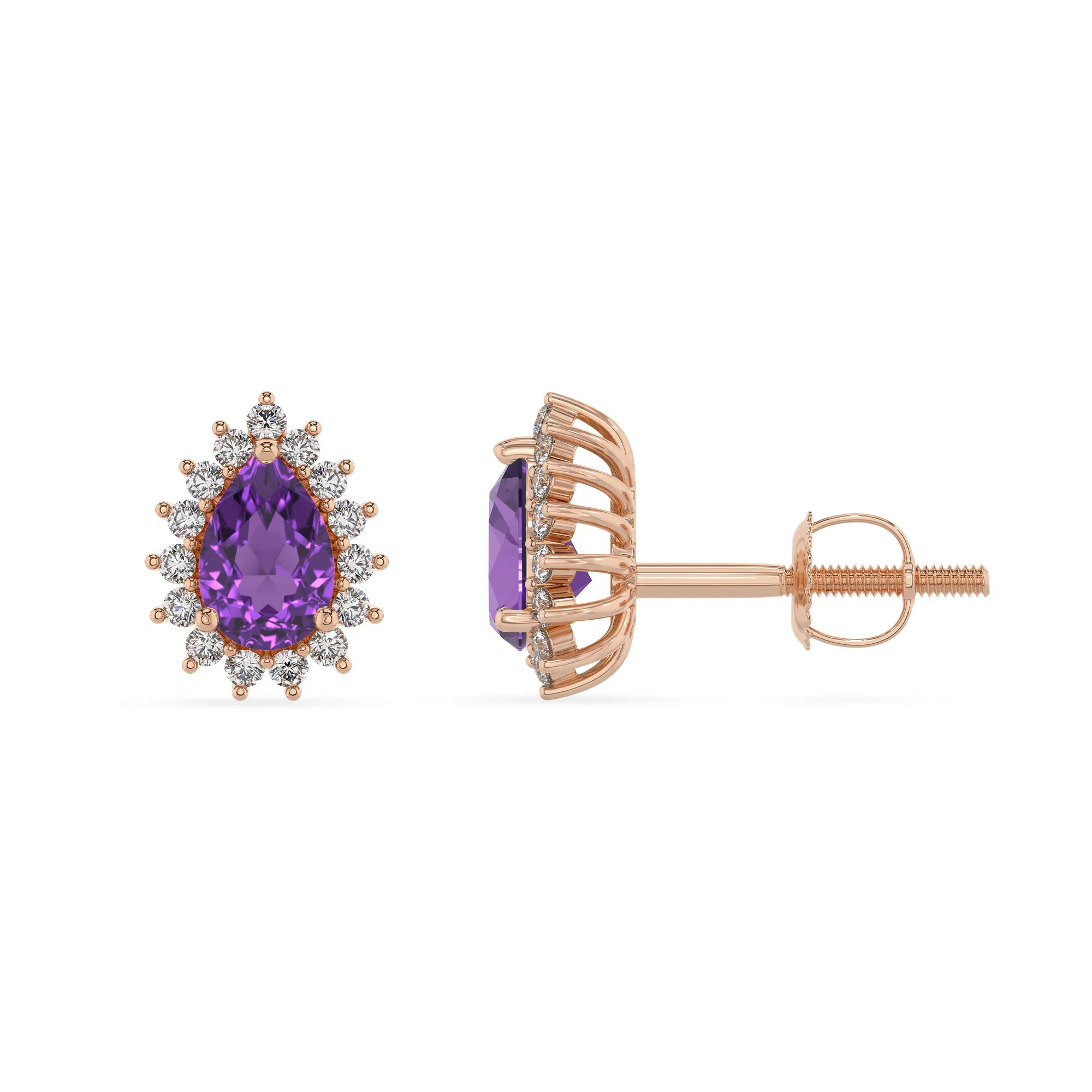 lab grown amethyst pear stud earrings in rose gold