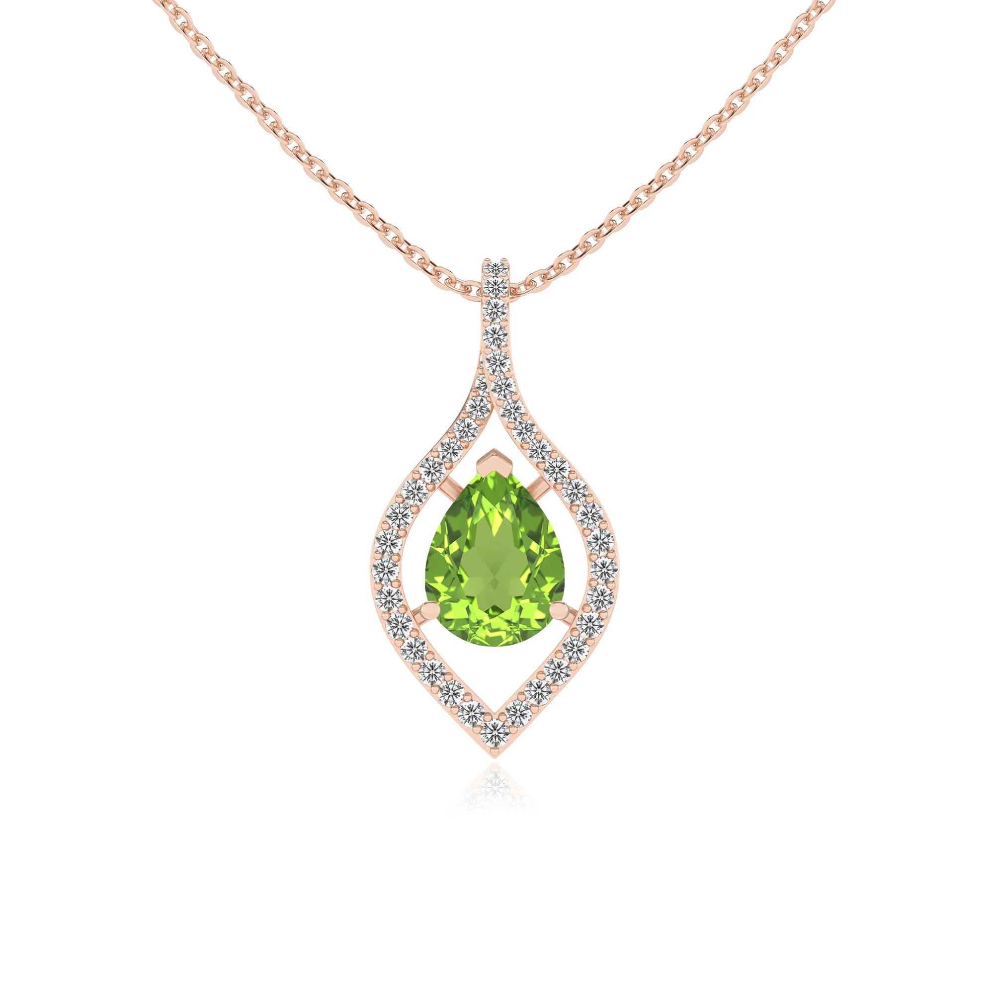 natural peridot pear infinity necklaces in rose gold