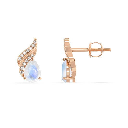 natural rainbow moonstone pear stud earrings in rose gold