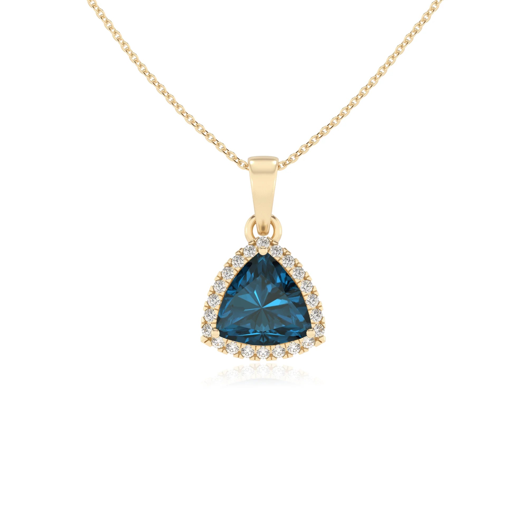 natural london-blue-topaz trillion solitaire necklaces in yellow gold