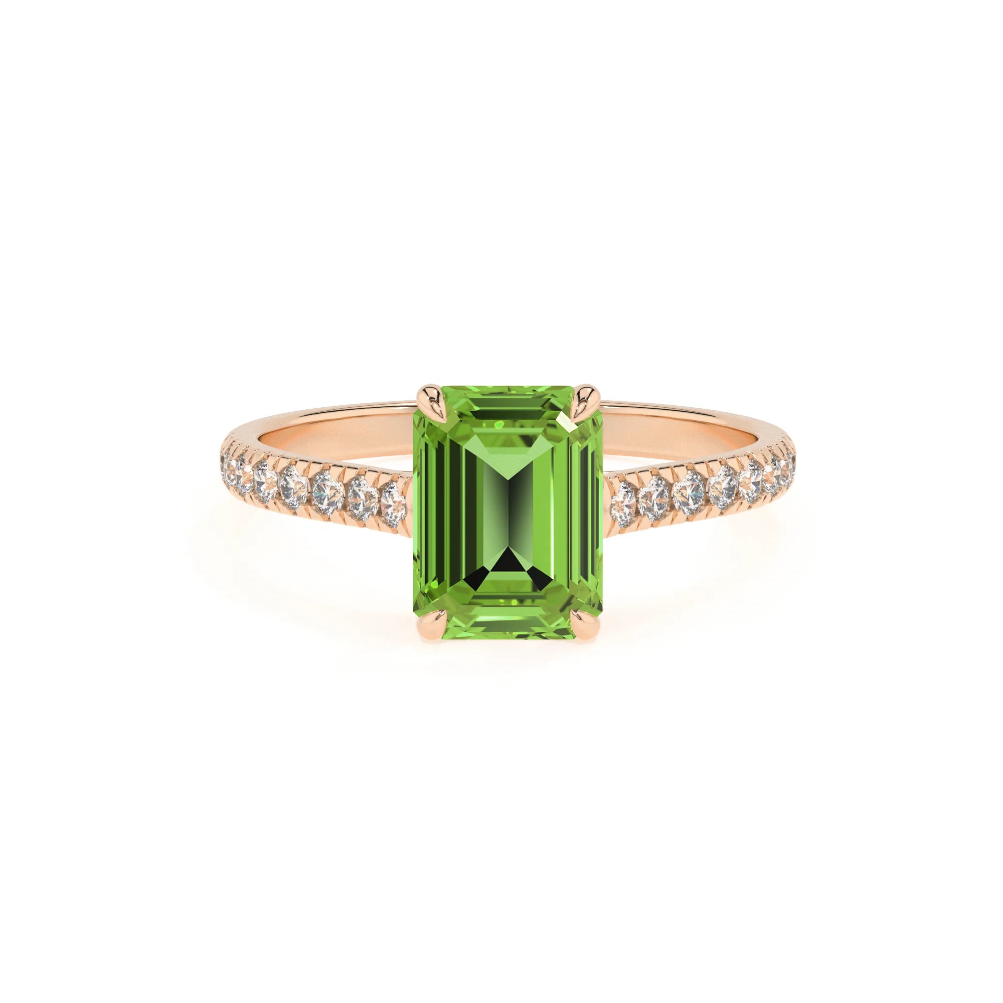 natural peridot emerald cut half eternity solitaire engagement rings in rose gold