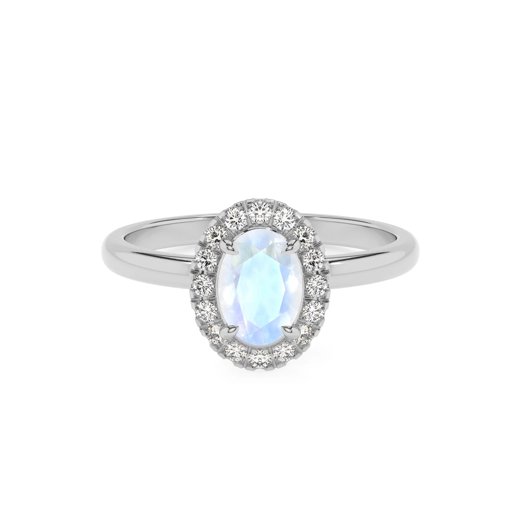 natural rainbow-moonstone oval solitaire rings in white gold