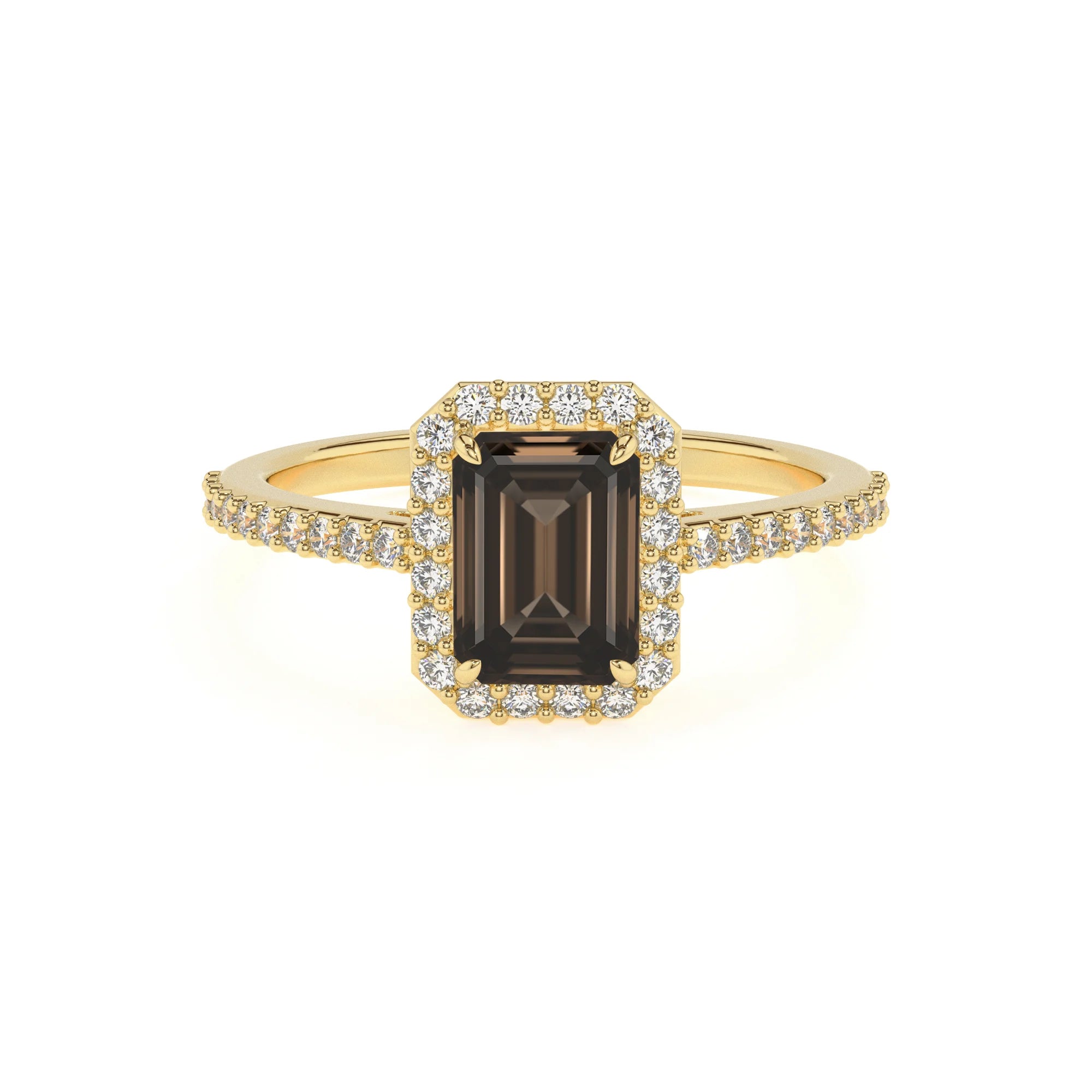 natural smoky-quartz emerald cut solitaire rings in yellow gold