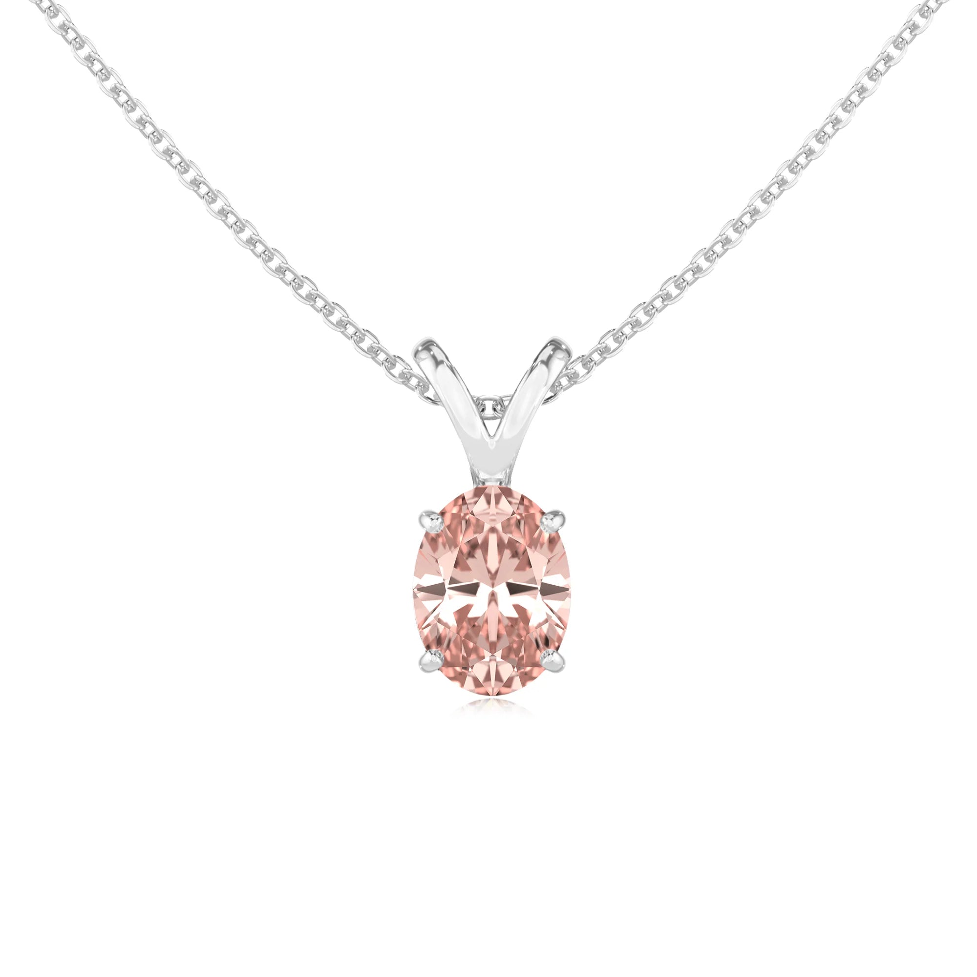 lab grown morganite oval solitaire v-bale necklaces in platinum