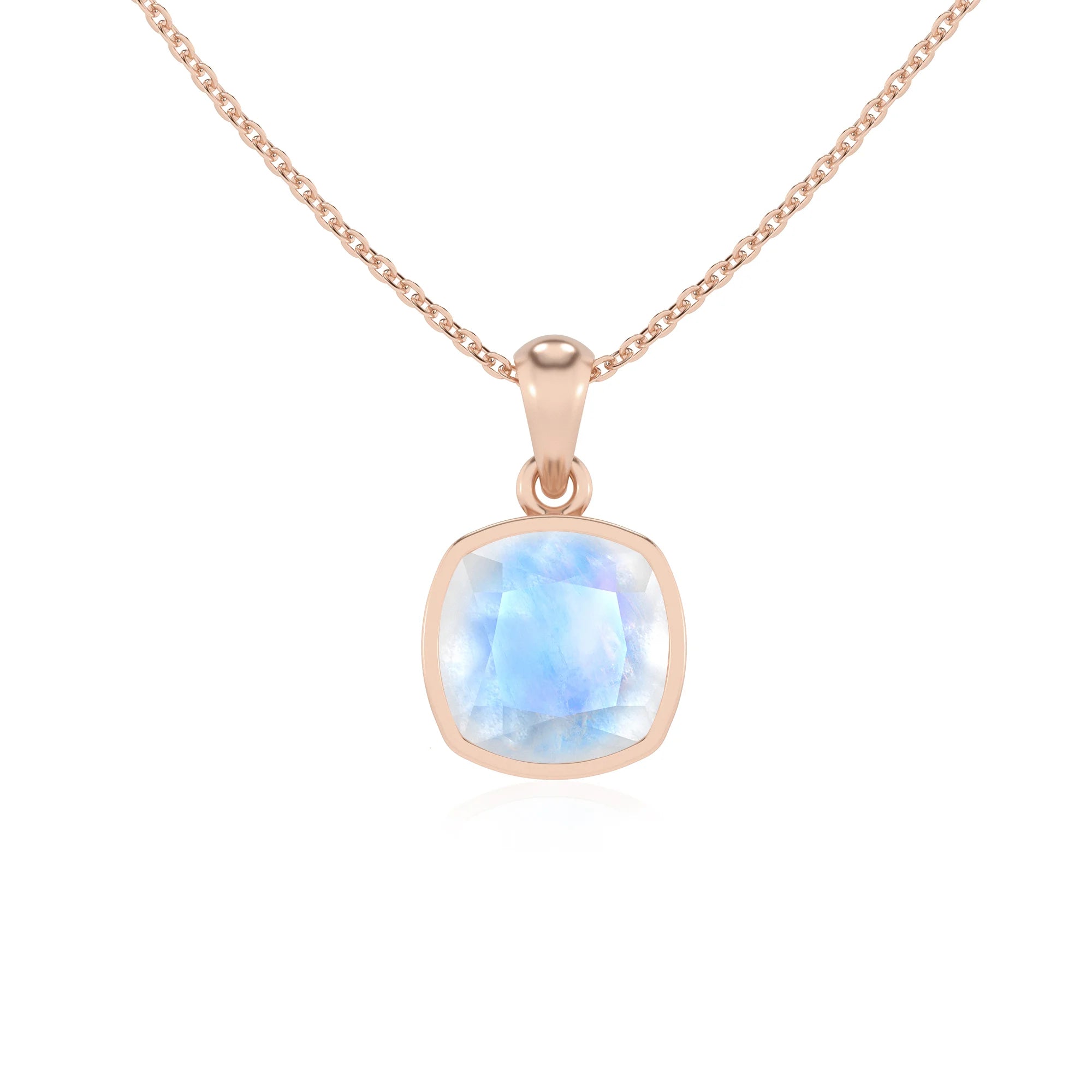 natural rainbow-moonstone cushion solitaire necklaces in rose gold