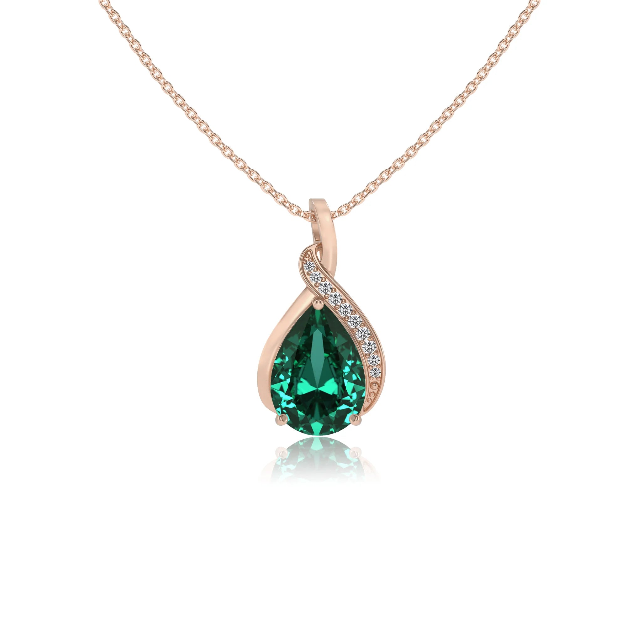 lab grown emerald pear solitaire necklaces in rose gold