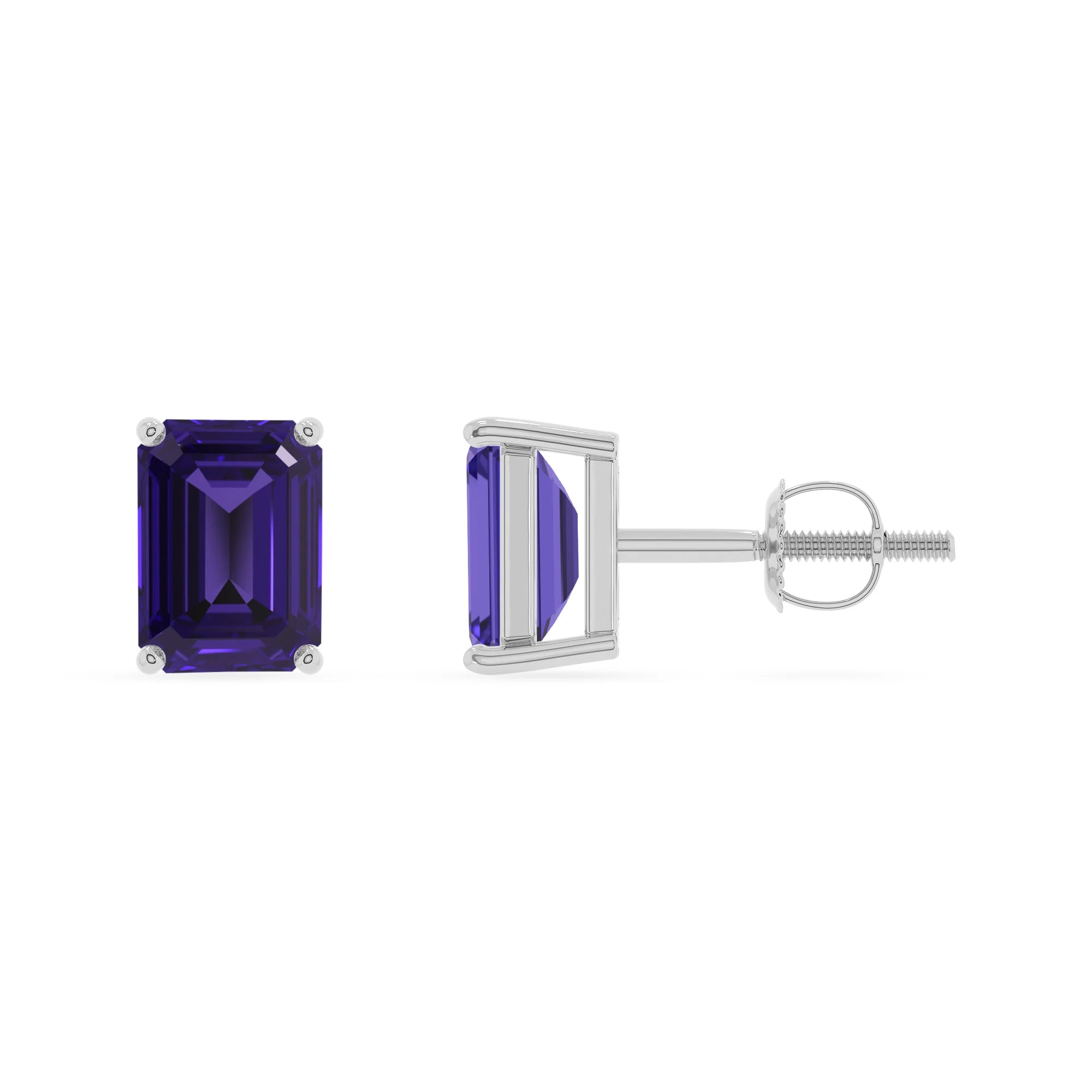 lab grown tanzanite emerald cut stud earrings in white gold