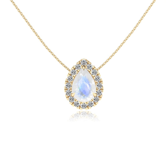 natural rainbow moonstone pear solitaire necklaces in yellow gold