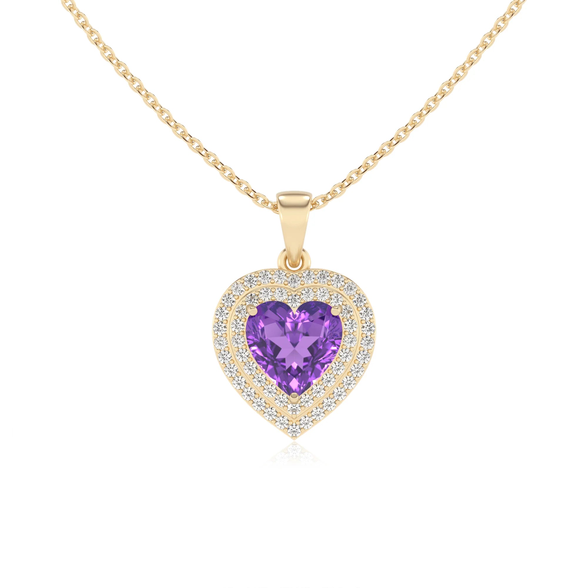 lab grown amethyst heart halo necklaces in yellow gold