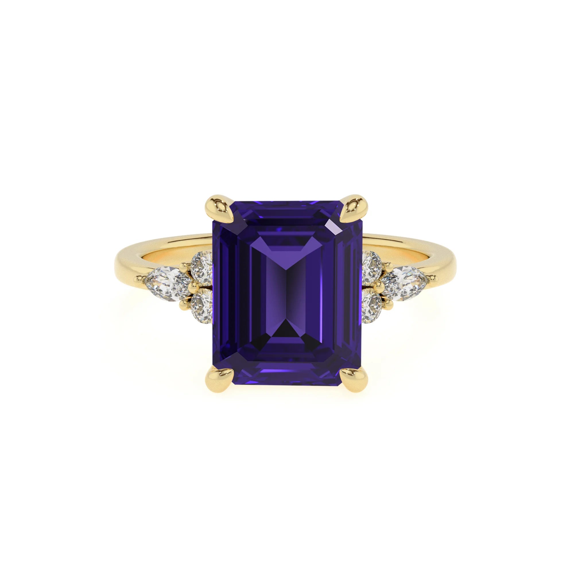 lab grown tanzanite emerald cut solitaire rings in yellow gold