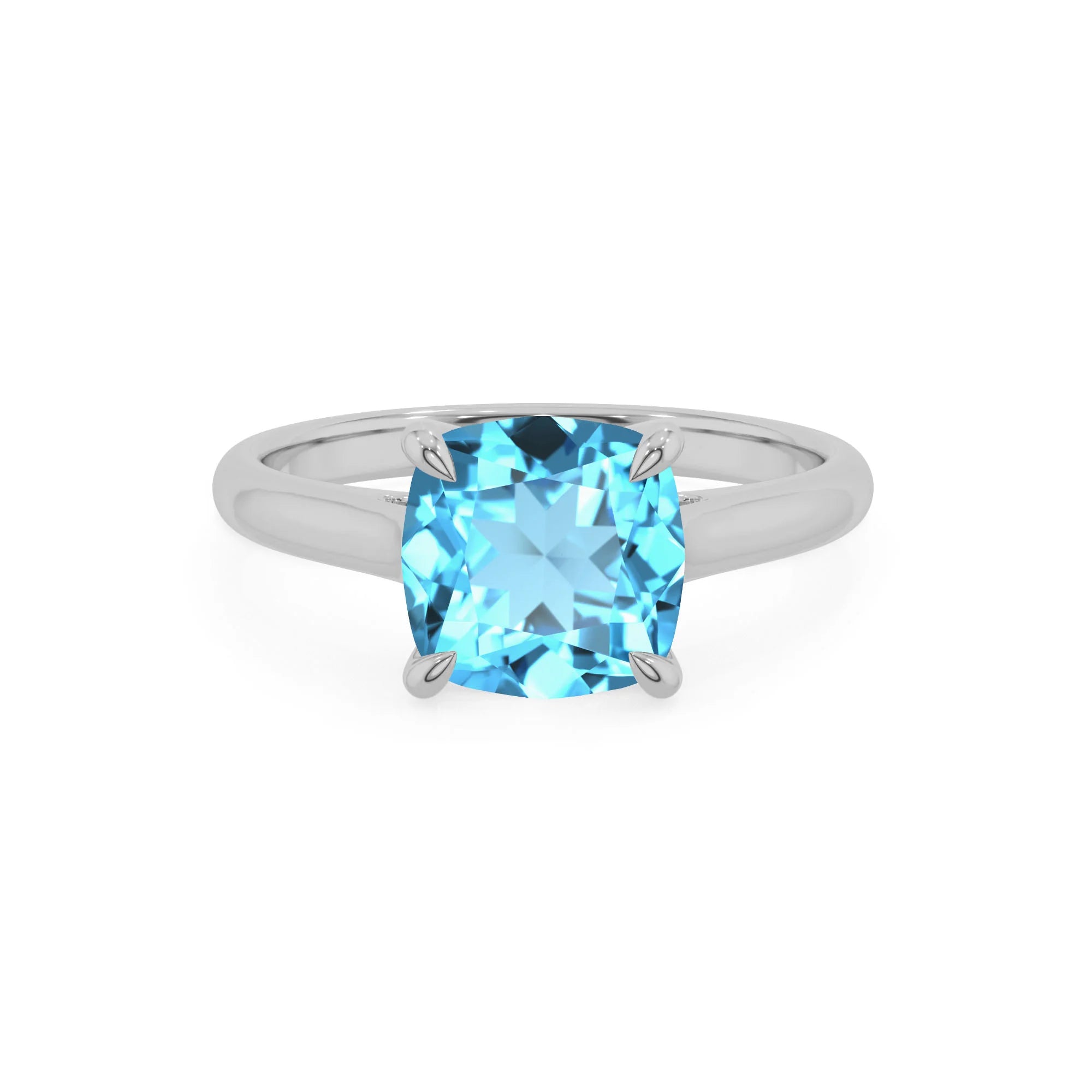 natural swiss-blue-topaz cushion solitaire rings in white gold