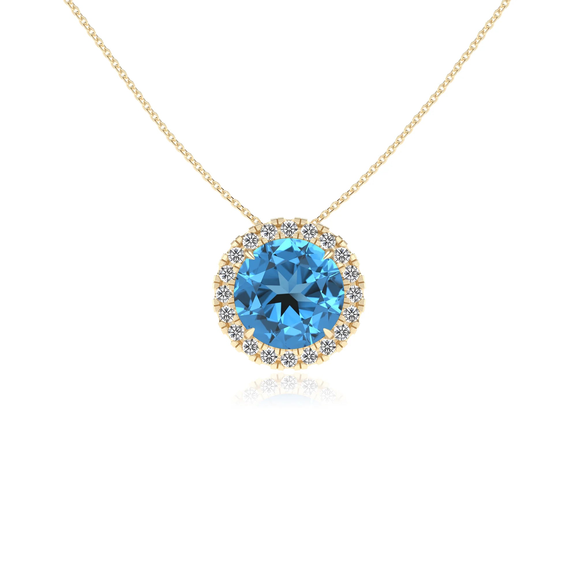 natural swiss blue topaz round solitaire necklaces in yellow gold