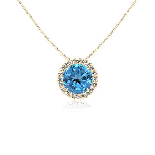 natural swiss blue topaz round solitaire necklaces in yellow gold