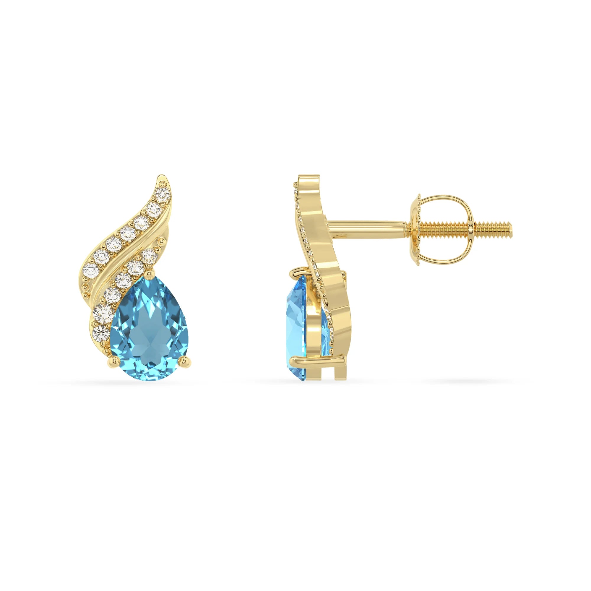 natural swiss blue topaz pear stud earrings in yellow gold