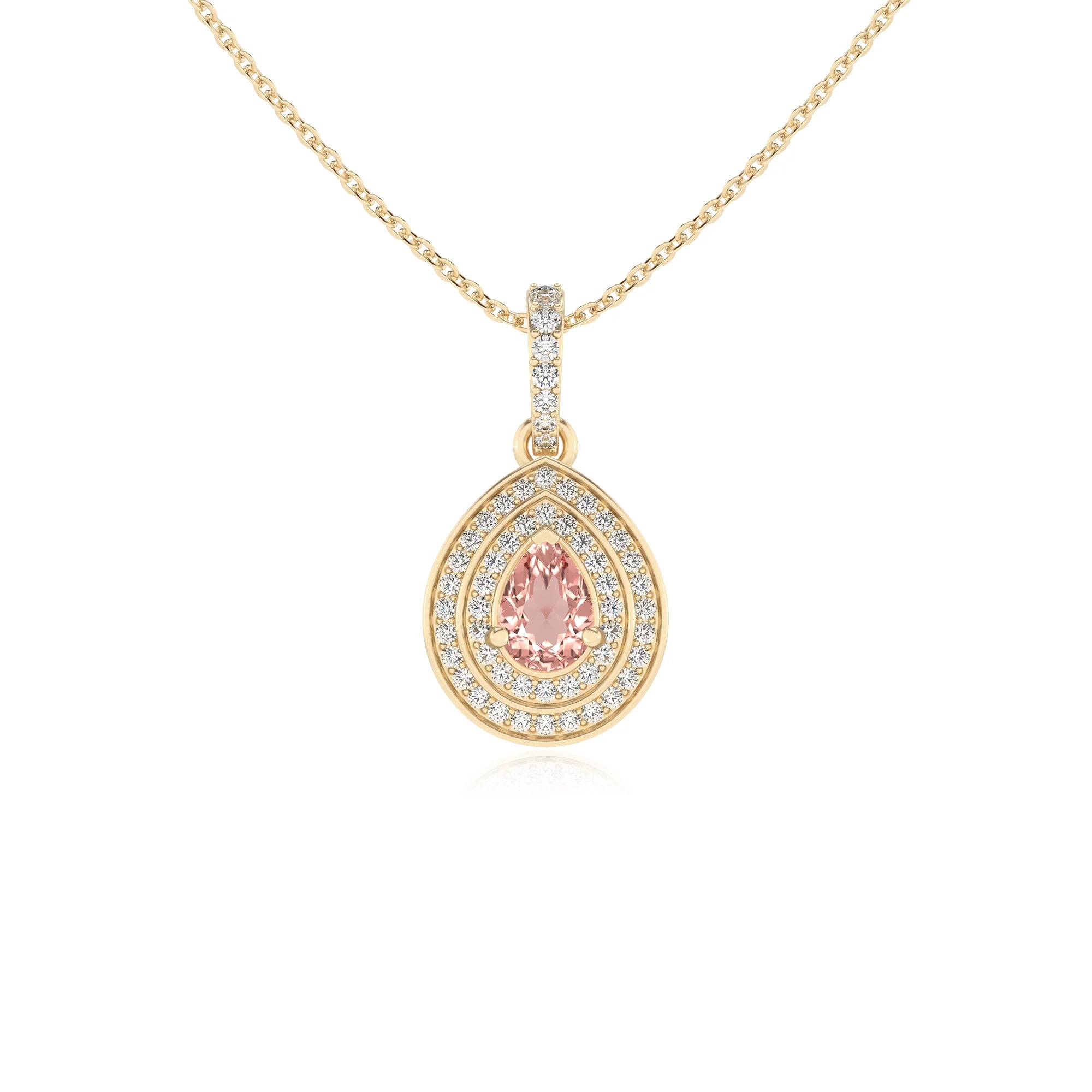 lab grown morganite pear halo necklaces in yellow gold
