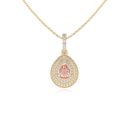 lab grown morganite pear halo necklaces in yellow gold
