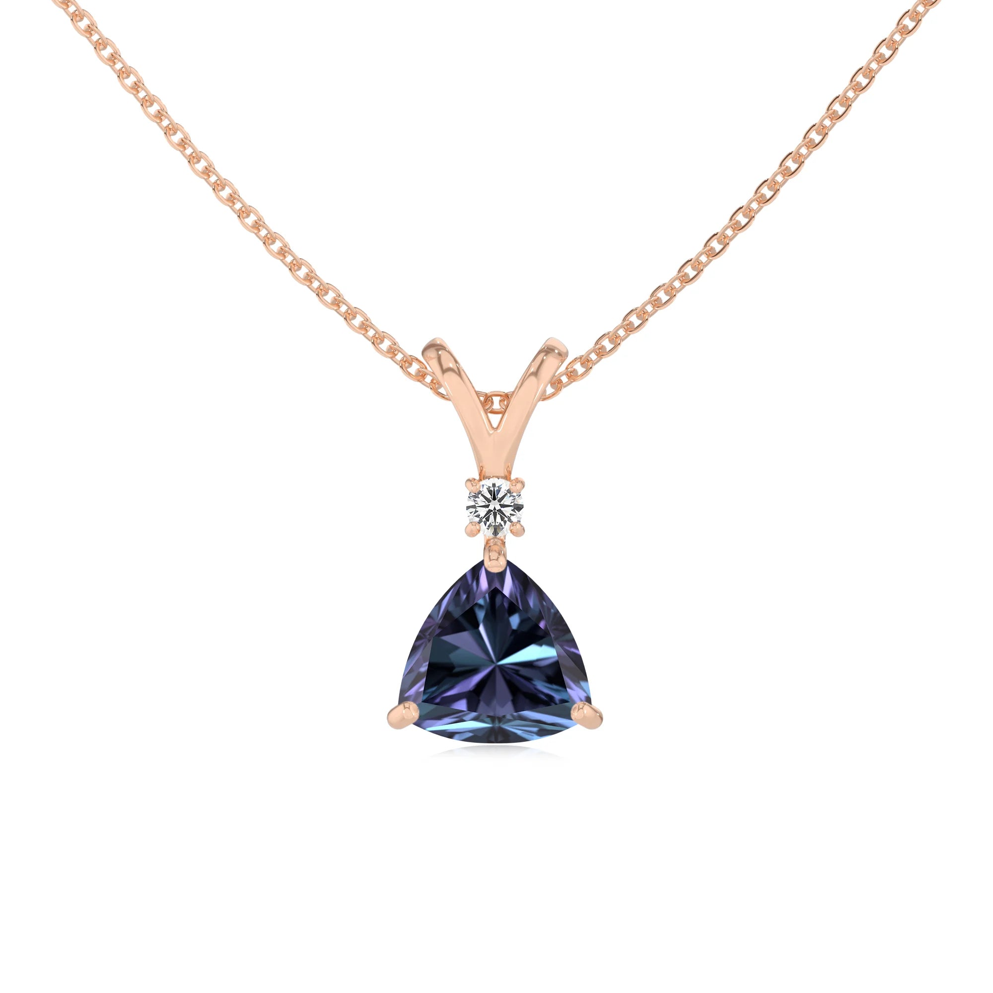 lab grown alexandrite trillion solitaire v-bale necklaces in rose gold